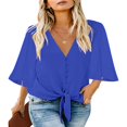 thumbnail image 1 of CHUANK Women‘s Button Down V Neck Tops Ruffled 3/4 Sleeve Tie Knot Front Blouses White Sizes S-2XL, 1 of 3