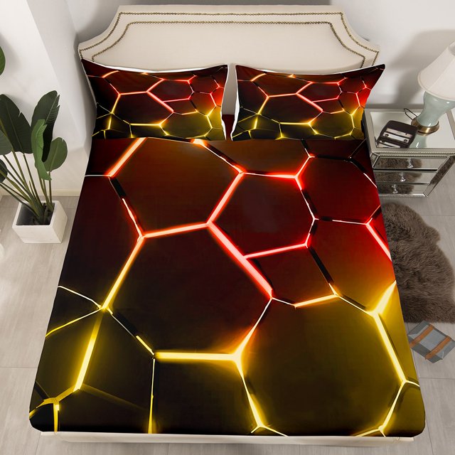 Erosebridal Teens Geometry Fitted Sheet Queen, Futuristic Abstract Bedding Set Queen Size, Minimalism Decor, 3pcs(No Top Sheet)
