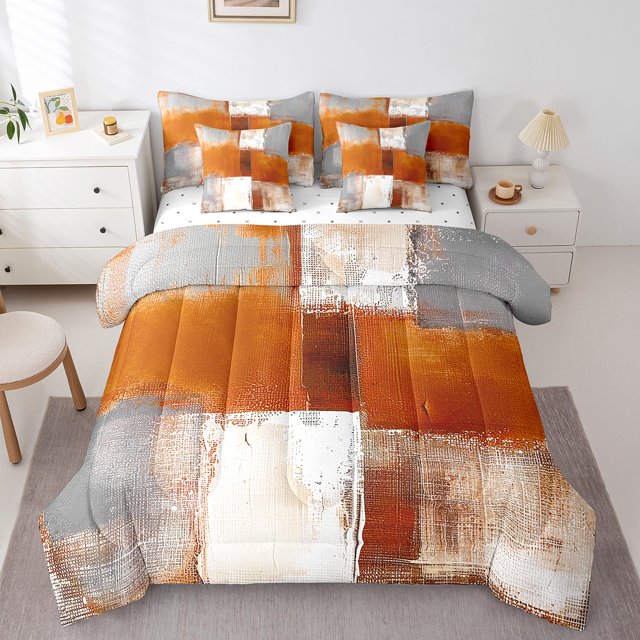 YST 7-Piece Orange White Gray Oil Painting Comforter Set, Full – Ombre Gradient