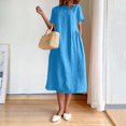thumbnail image 2 of Birdeem Robe d'Été pour Femme, Mode, Couleur Unie, Col Rond, Manches Courtes, Coton et Lin, 2 of 9