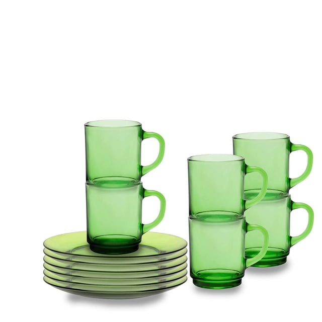 Duralex Lys Ensemble de Café et Gâteau Vert, 12 Pcs avec six Tasses en Verre Trempé Vert Translucide et six Assiettes à dessert Assorties Empilées, Fabriqué en France et Compatible Lave-Vaisselle, Convient aux Repas Quotidiens et aux Réceptions Décontractées.