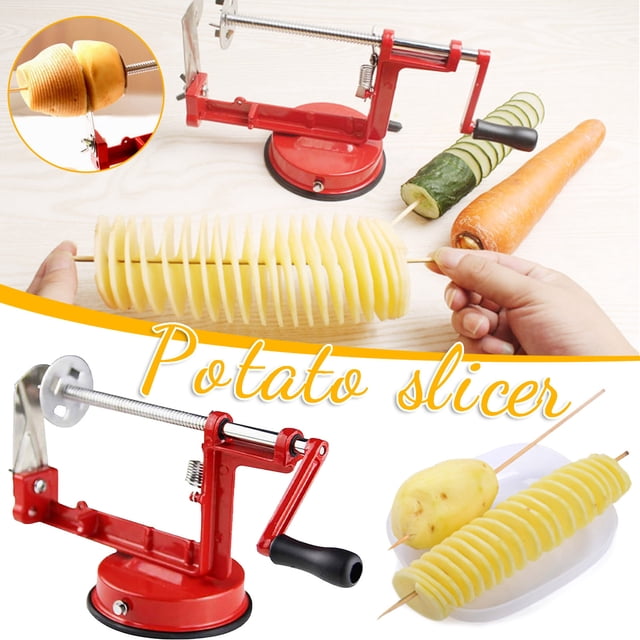 Rvkxad Stretch Tornado Potato Slicer, a red spiral slicer with a suction cup base, ideal for making potato towers and spiral vegetable snacks. This easy-to-use kitchen tool features a manual handle, aluminum alloy bracket, and PVC base. Includes skewers for slicing potatoes and other vegetables.