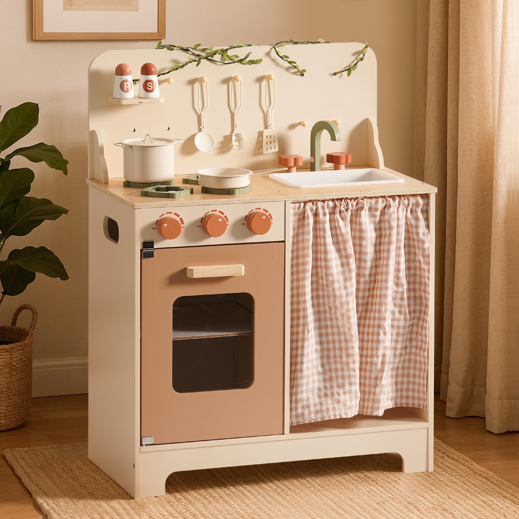 ROBOTIME Kids Play Kitchen Set - Rustic Wooden Pretend Play Kitchen with Leaf Light String, Apron, and Groves, for Toddlers 3+ (Rustic Style)