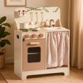 thumbnail image 1 of ROBOTIME Kids Play Kitchen Set - Rustic Wooden Pretend Play Kitchen with Leaf Light String, Apron, and Groves, for Toddlers 3+ (Rustic Style), 1 of 8