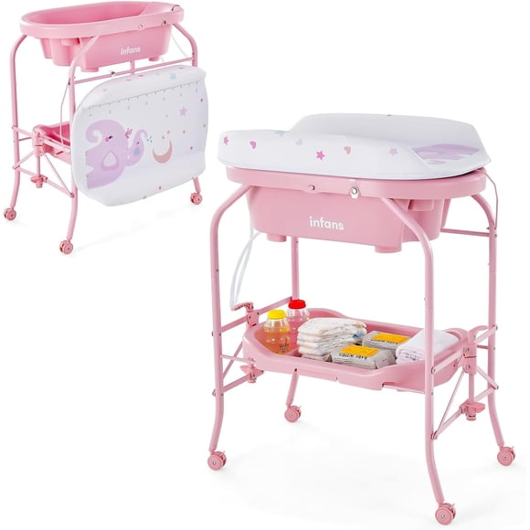 INFANS Baby Changing Table with Bathtub, Foldable Diaper Dresser Station with Removable Bath Support Wheels Waterproof Pad Storage Rack, Portable Nursery Organizer Stand for Newborn Infant
