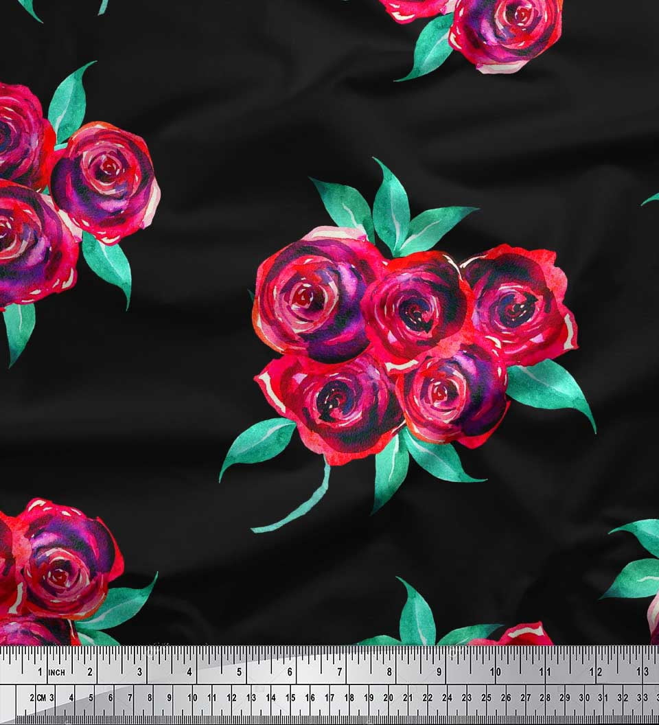 Soimoi Tissu Popeline de Coton Noir Imprimé Feuilles & Roses au Mètre 42 Pouces de Large