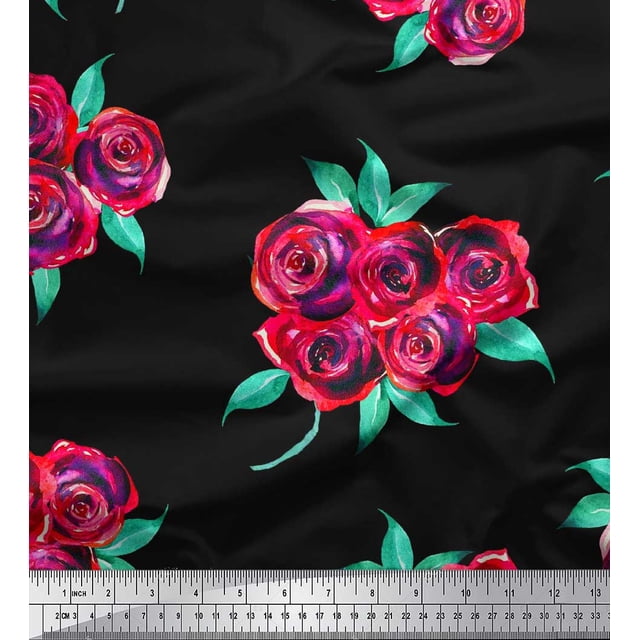Soimoi Tissu Popeline de Coton Noir Imprimé Feuilles & Roses Floral au Mètre 56 Pouces de Large