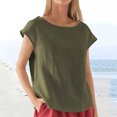 thumbnail image 2 of Penkiiy Blouse en Lin pour Femme à Manches Courtes, Col Ras du Cou, Hauts d'Été Décontractés, Coupe Ample, 2TG, Vert Armée, 2 of 5