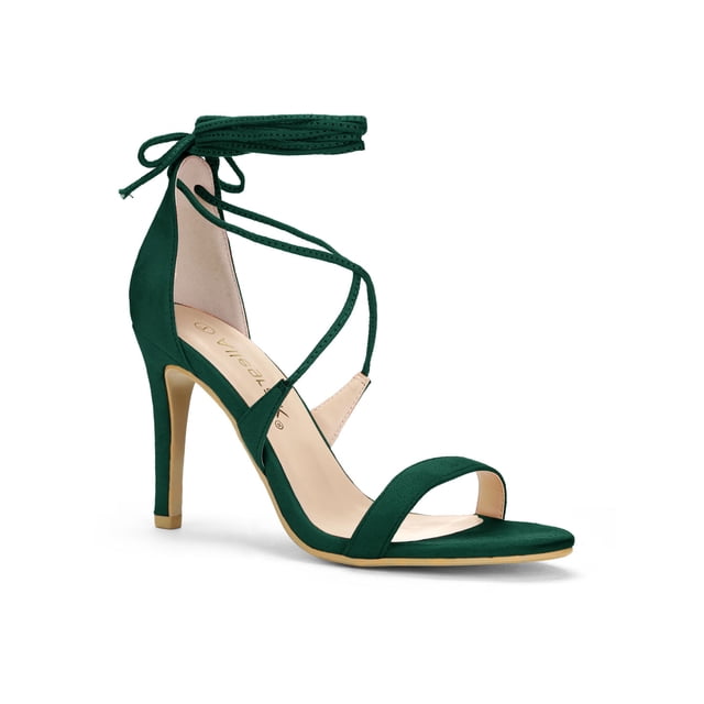 BLISSFUL STEP Chaussures pour Femmes Sandales à Talon Aiguille Haut à Bride Cheville à Nouer Bout Ouvert en Faux Suède Vert 7