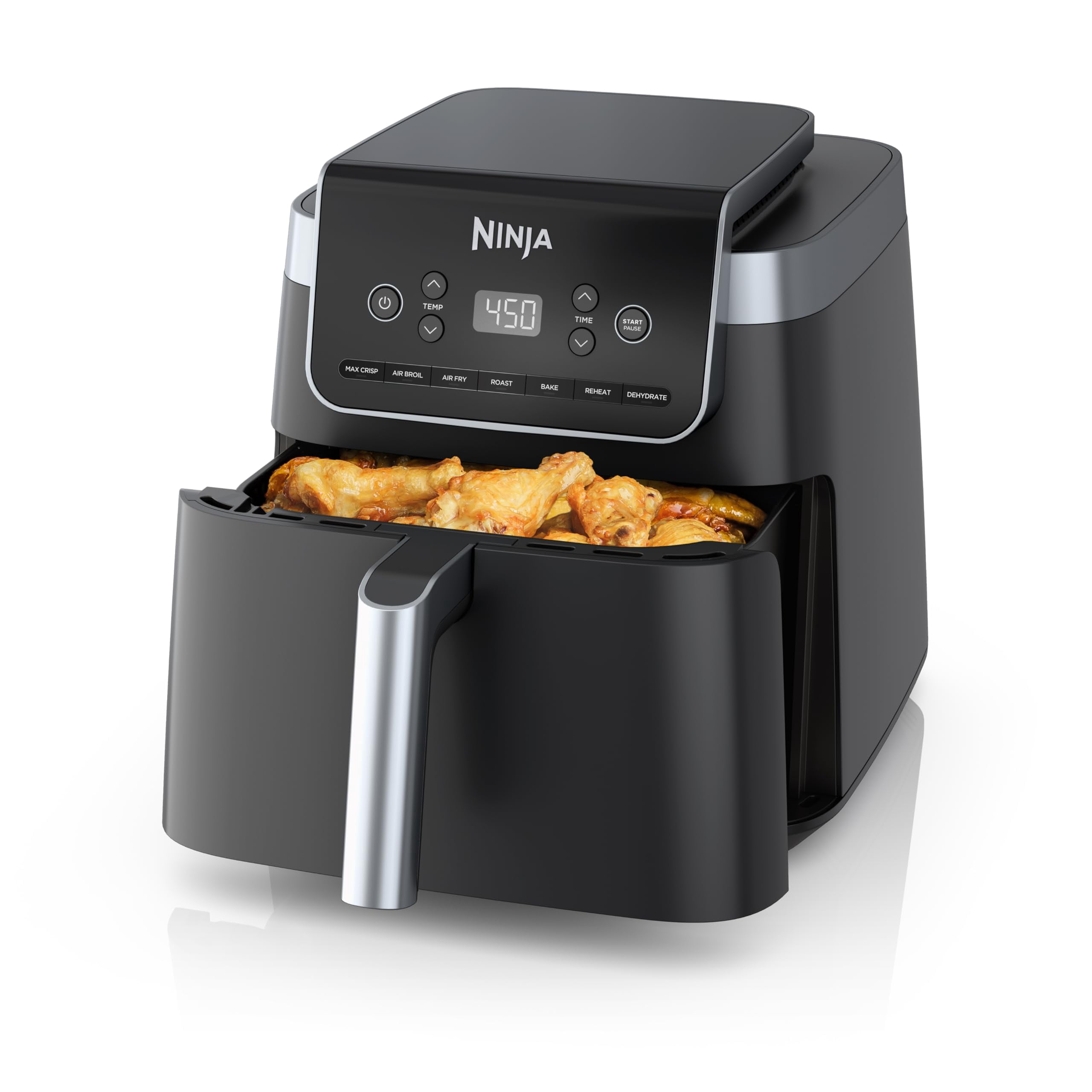 Ninja Air Fryer Pro XL 7-in-1 Max Crisp Tech 450F for Hotter Crispy Results 6.5 QT Capacity fits 9lb wings Max Crisp Broil Air Fry Roast Bake Reheat Dehydrate Space Saving Grey AF182AMZ