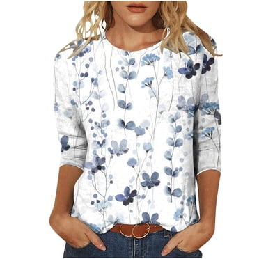 Pompotops Women's Fashion Printed Loose T-shirt 3/4 Sleeves Blouse Round Neck Casual Tops Clearance