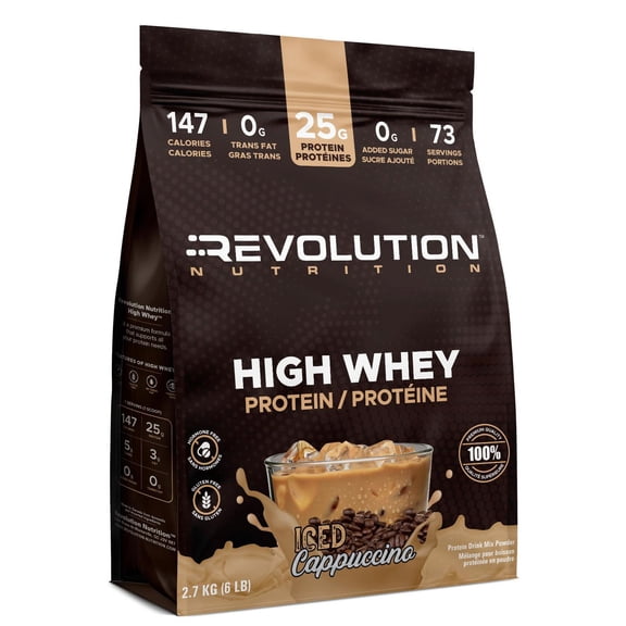 Revolution Nutrition, High Whey, Protein Powder 6LB, Whey Isolate, 25g of Protein Per Scoop, 2700 g, 73 Servings, Gluten Free, Lean Muscle Mass For Men & Women, Iced Cappuccino (6 Pounds)