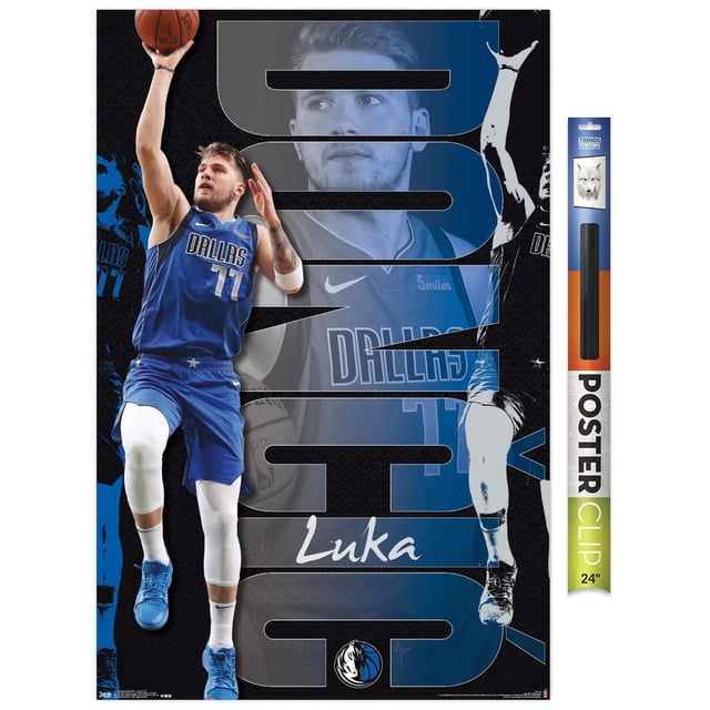 NBA Dallas Mavericks - Luka Doncic 19 Wall Poster, 22.375" x 34" featuring Luka Doncic in a blue Dallas Mavericks jersey number 77 jumping to shoot a basketball, layered over a large graphic of his name 'Luka' and the Mavericks logo on a black and blue background, printed on glossy poster paper with included adhesive mounts ideal for bedroom or office wall decor.