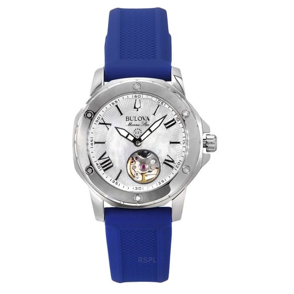 Bulova Marine Star Silicone Strap Mother Of Pearl Dial Automatic 96L324 100M Women's Watch