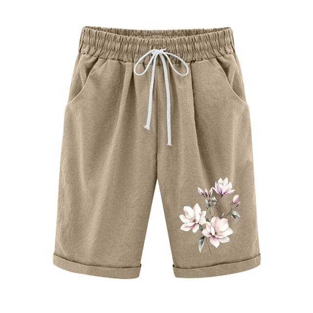 Women Printed Elastic Waist Drawstring With Casual Pockets Shorts