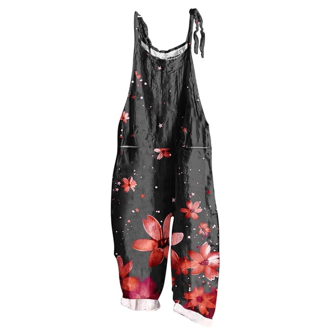 yoeyez Rompers for Women Summer,Ladies Print Summer Plus Size Long Jumpsuits Sleeveless Adjustable Straps Backless Overalls Jumpsuits With Pockets Red,3XL