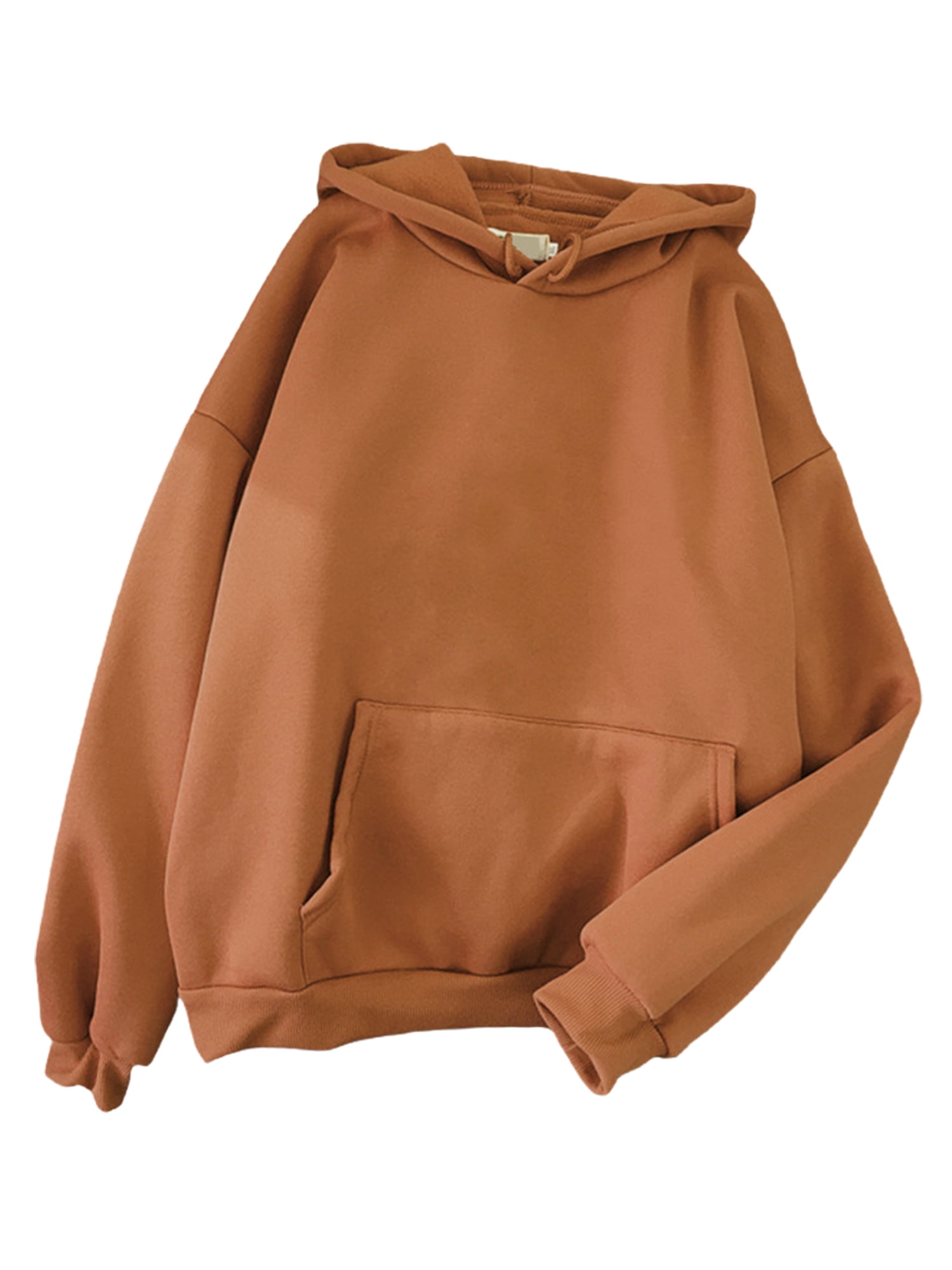 Innerwin Hoodies Fleece Women Sweatshirt Sport Solid Color Loose Fit Hooded Tops Brown 2XL