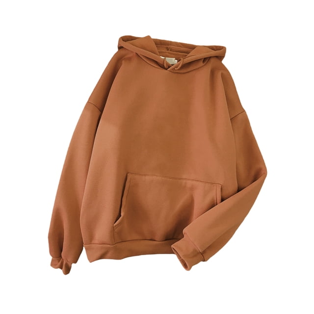 Innerwin Hoodies Fleece Women Sweatshirt Sport Solid Color Loose Fit Hooded Tops Brown 2XL
