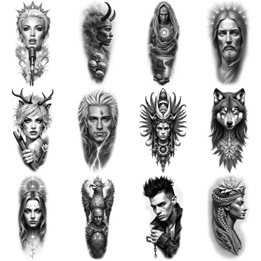 12 Realistic Temporary Tattoos Waterproof Long Lasting Body Stickers Jesus Zeus Pharaoh Adult Men Women Tattoo Stickers Arm Leg Thigh