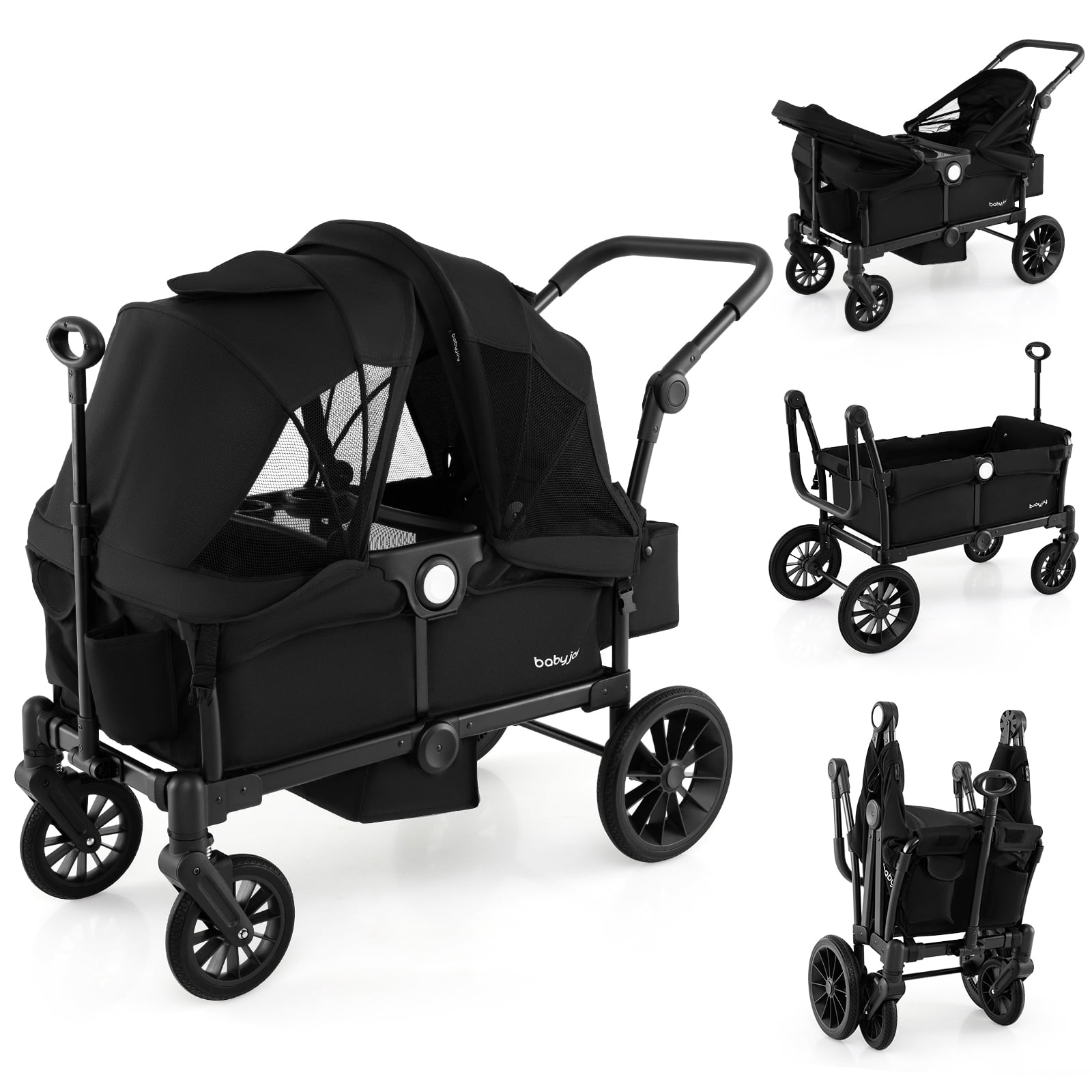 Babyjoy Wagon Stroller for 2 Kids Push Pull Double Stroller with Adjustable Handle Black
