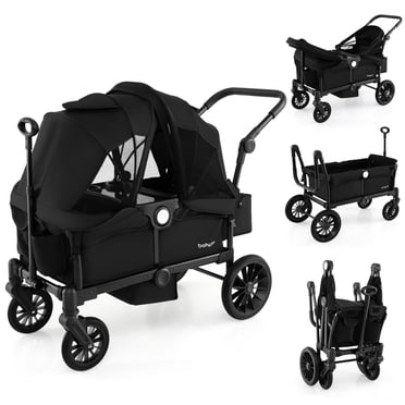 Babyjoy Wagon Stroller for 2 Kids Push Pull Double Stroller with Adjustable Handle Black