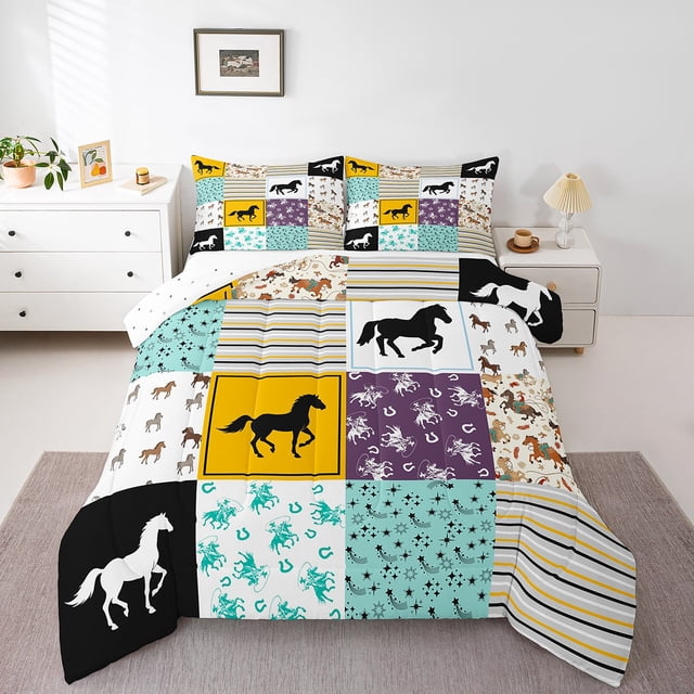 Erosebridal Ensemble de Couette Simple Western pour Cheval, Couette en Duvet Style Ferme Rustique, Décor Fer à Cheval, Réversible, Léger, 2 Pcs