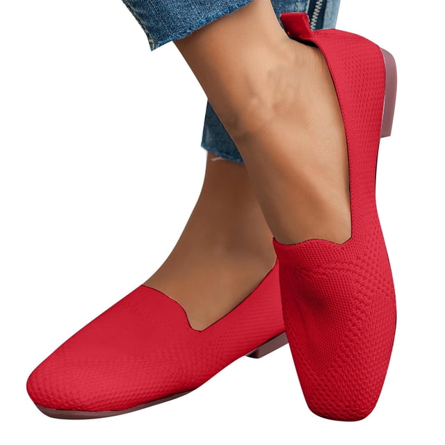 Womens Casual Shoes Large Size Knit Solid Color Simplicity Soft Sole Square Toe Flat Bottom Comfortable Breathable Mesh Walking Shoes Slip on Single Shoes Red
