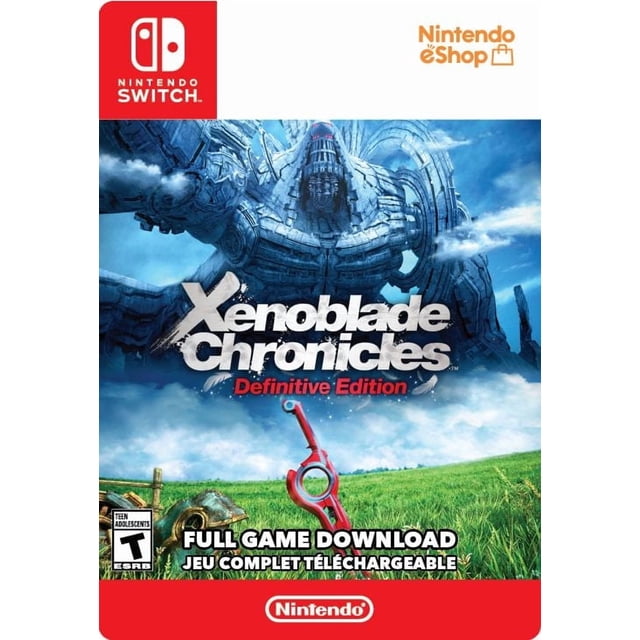 Xenoblade Chronicles: Édition Définitive Nintendo Switch Couverture de Téléchargement Montrant un titan Mécanique Massif sous un Ciel Bleu avec des Nuages, un Champ Gazoné Vert au Premier Plan, et l'Épée Monado Rouge Debout, avec les logos Nintendo Switch et Nintendo eShop.