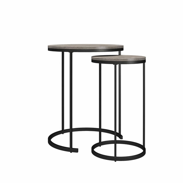 Ameriwood Home Camdale 4-piece nesting coffee and end table set with gray oak tops and black metal bases.