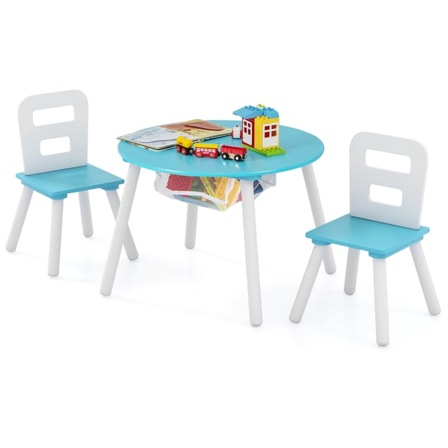 Costway Costway Ensemble Table Ronde en Bois pour Enfants et 2 Chaises avec Rangement Central en Maille Bleu