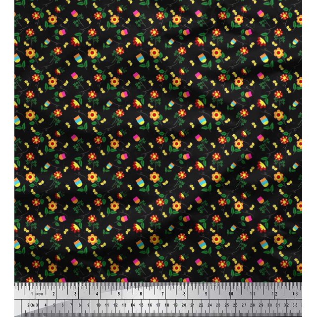 Soimoi Black Rayon Fabric Leaves,Insect & Floral Artistic Decor Fabric Printed BTY 42 Inch Wide
