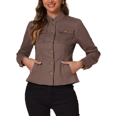 INSPIRE CHIC Women's Denim Jackets Stand Collar Long Sleeves Short Jean Jackets Coffee XL