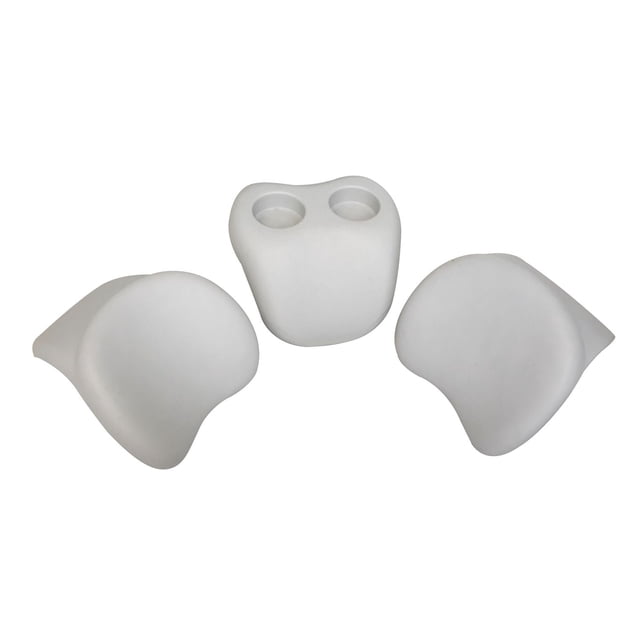 COMFORT HEAD REST AND GLASS HOLDER SET for Aqua Marina mSpa hot tub and spa series, includes two light grey ergonomic head rests and one glass holder with two slots for bottles or glasses, made from PU and PE materials for comfort and better posture.