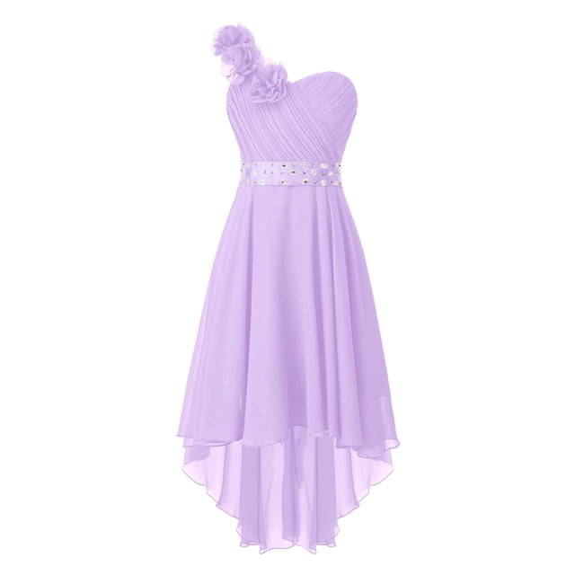RUNQHUI Robe à une Épaule pour Filles Enfants Robe de Demoiselle d'Honneur en Mousseline Asymétrique Robe Formelle de Bal de Promo Fête Lavande 8