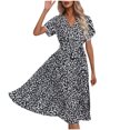 thumbnail image 2 of Xuniizn Robe pour Femmes à Col en V, Manches Courtes, Coupe Ajustée à la Taille, Robe Midi Mode Confortable à Imprimé Floral, Robe d'Été Décontractée, P-2TG, 2 of 3