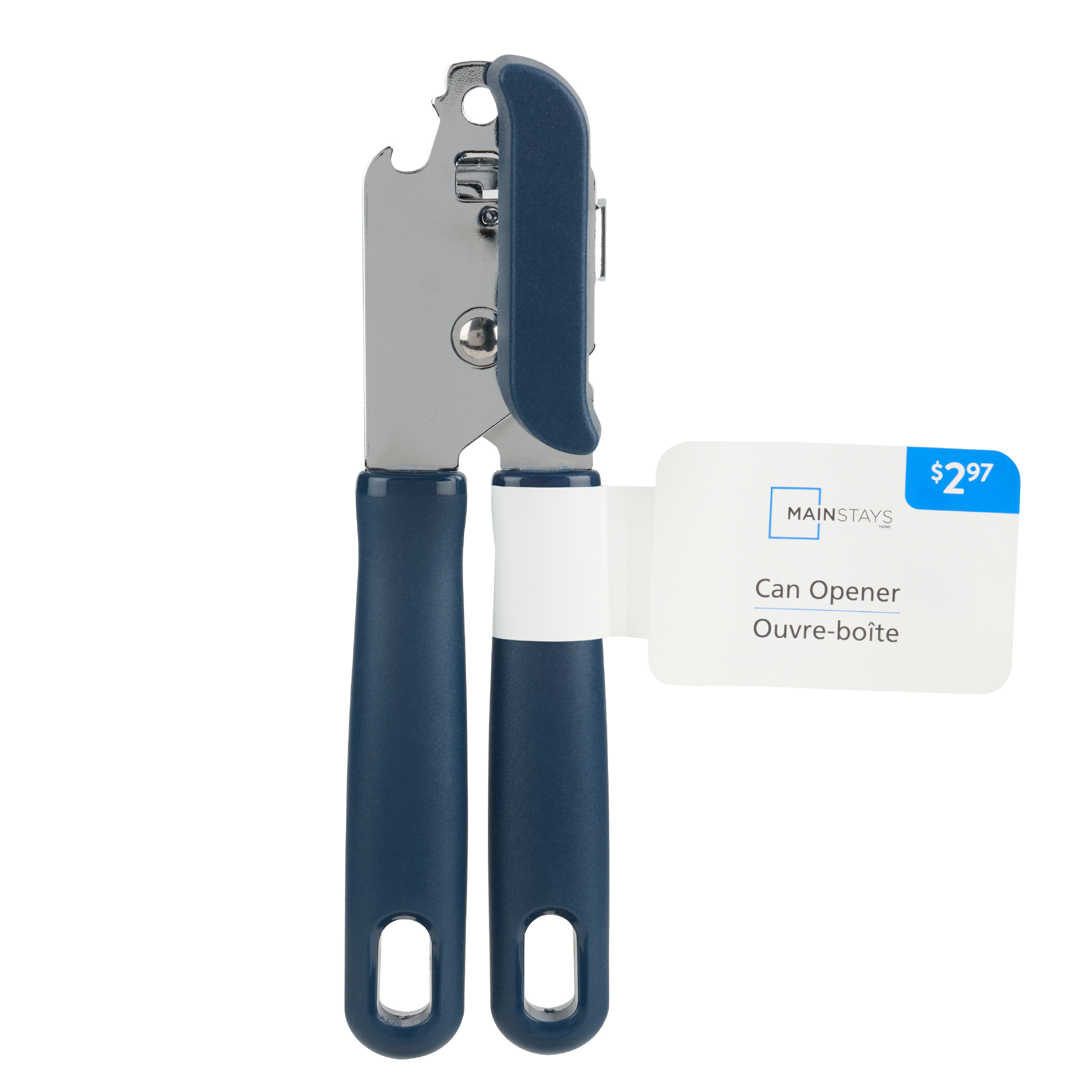 Mainstays Kitchen Manual Can Opener with Integrated Bottle Opener, Ergonomic Handle, 20 cm, Navy