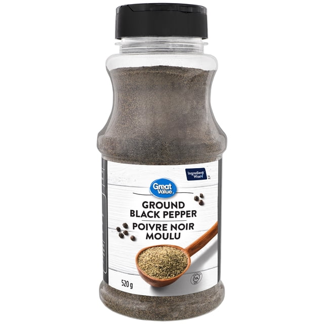 Great Value Ground Black Pepper in a clear plastic container with a black flip-top lid, containing finely ground black pepper. The white label features the Great Value logo, bilingual English and French text, a wooden spoon with ground pepper, and 520 g weight. An Ingredient Wise pantry staple ideal for seasoning meats, vegetables, soups, and marinades.