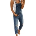 thumbnail image 1 of Salopettes à Bavette en Denim Extensible Ajustables Décontractées pour Femmes, Coupe Droite, Jeans Déchirés et Usés, Pantalons, Combinaisons, Salopettes pour Femmes, 1 of 6