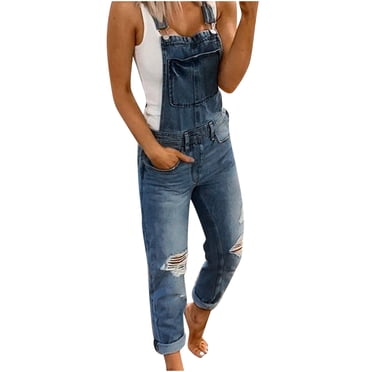 Salopettes à Bavette en Denim Extensible Ajustables Décontractées pour Femmes, Coupe Droite, Jeans Déchirés et Usés, Pantalons, Combinaisons, Salopettes pour Femmes