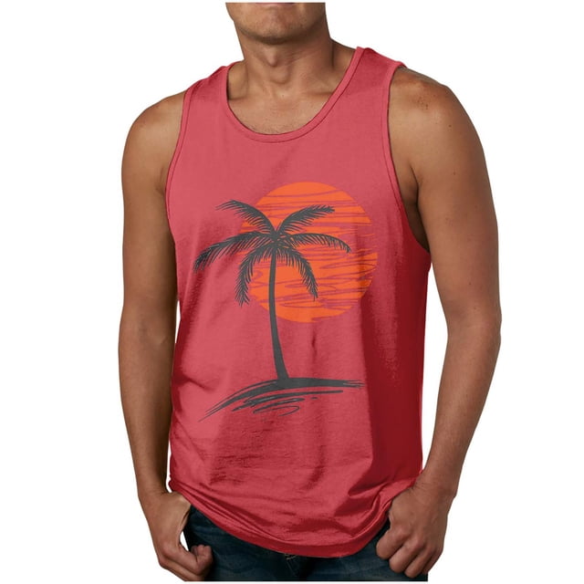 LSLJS Tank Tops Men Coconut Tree Sunset Print Sleeveless Muscle Shirt Beach Tank Tops. A red sleeveless tank top featuring a black coconut tree graphic with an orange sunset background. Made from a cotton-polyester blend, it is lightweight and suitable for casual, outdoor, or daily wear. Designed for comfort and style, it fits true to size and pairs well with jeans or shorts. Ideal for activities like jogging, hiking, or fitness. Hand wash cold and line dry for best care.