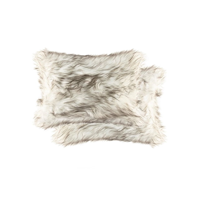 BELTON FAUX FUR PILLOW 12"X20" 2-PACK with two rectangular pillows featuring double-sided, thick acrylic plush faux fur in cream and light brown tones, filled with polyfil, designed for layering on sofas or beds as cozy, animal-free decorative accents.
