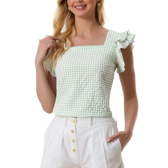 INSPIRE CHIC Women's Gingham Tops Square Neck Ruffle Cap Sleeves Summer Blouse in size L, green color. This women's blouse features a square neckline, ruffle cap sleeves, and a timeless gingham print. Made from lightweight fabric, styled with white high-waisted shorts for a casual summer outfit. Ideal for spring, summer, and fall occasions.