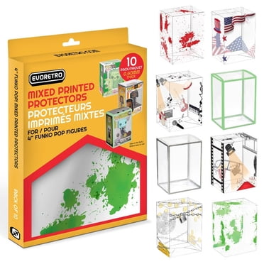 10x EVORETRO Funko Pop Protectors for 4-Inch Figures – Clear Durable Display Cases with Themed Decal Designs like Bullet Hole & US Flag