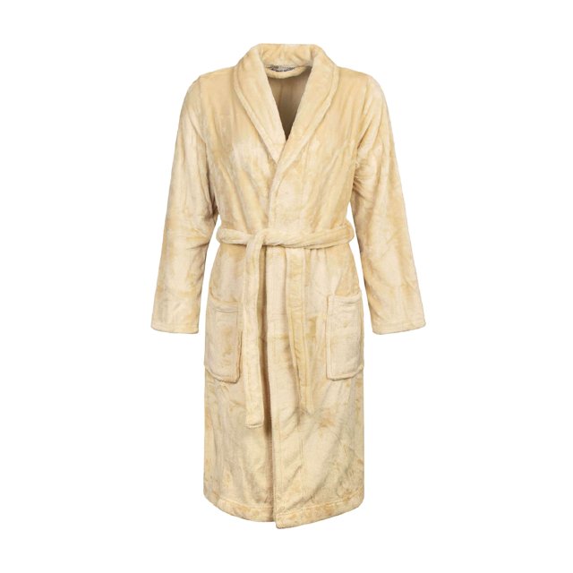 Heat Holders - Ladies Fleece Dressing Gown for Winter in a soft white sand color. This full-length robe features a plush Heatweaver thermal fleece for maximum warmth and comfort. It includes a large shawl collar, adjustable waist tie, and two front pockets for added convenience. Made from 100% polyester, it is designed to retain heat and keep you cozy during colder months. Suitable for layering over nightwear or lounging at home.