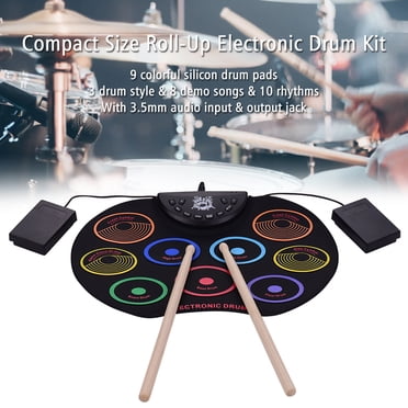 Compact roll-up electronic drum set with 9 silicone drum pads, USB/battery power supply, drumsticks and pedals for kids