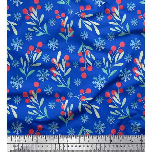 Soimoi Tissu Satin Modal Bleu Flocon de Neige & Baies Rouges Imprimé Tissu 1 Yard 42 Pouces de Large