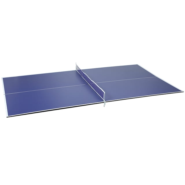 Soozier 9 ft Folding Table Tennis Ping Pong Table Conversion Top with Net, shown fully unfolded in a regulation 9 x 5 ft size. The blue MDF board features a UV-treated surface for consistent bounce and white boundary lines. A net is attached at the center, and protective foam pads are visible underneath to prevent scratches on the supporting table. Designed for easy folding and compact storage, it fits standard 7-9 ft pool tables and includes a storage bag for transport.