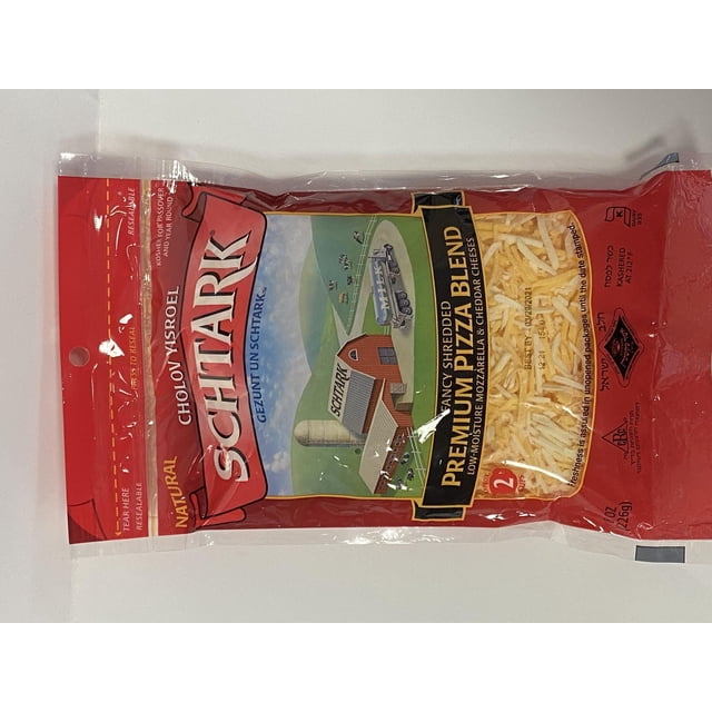 Schtark Shredded Premium Pizza cheese in a red resealable bag with a farm illustration, containing a visible blend of low moisture mozzarella and cheddar shredded cheese, ideal for pizza and general cooking.