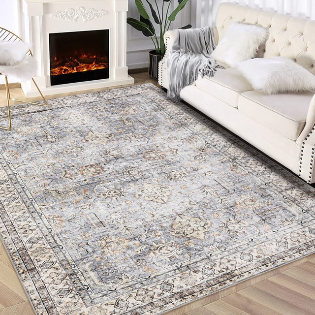 FairOnly Area Rugs 8'x10' Machine Washable Rugs,Large Carpets,Floral Vintage Print Pattern Non Slip Floor Carpet, for Living Room Bedroom Dining Room,Blue