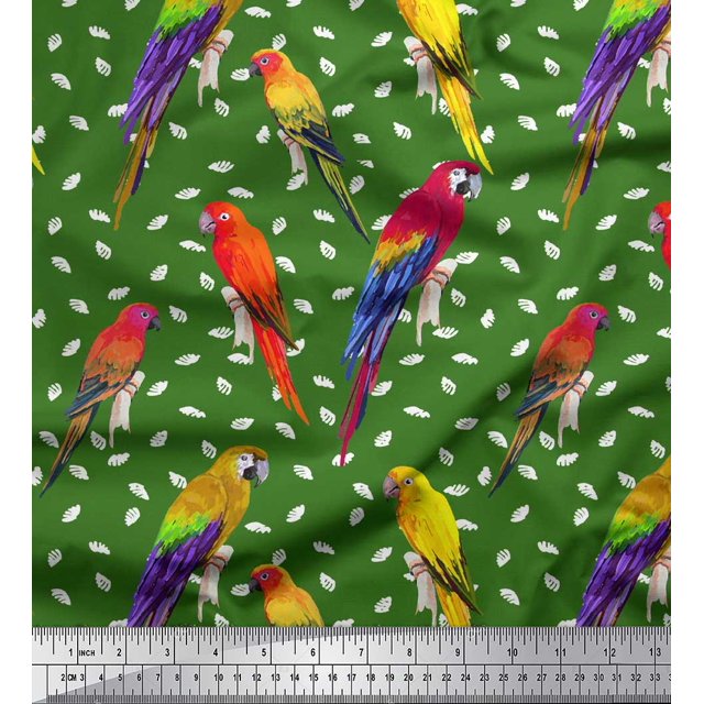 Soimoi Green Rayon Fabric Macaw Parrot Bird Print Fabric by Yard 42 Inch Wide